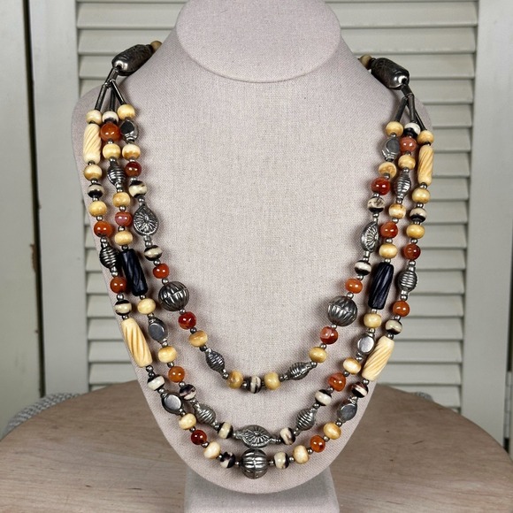 Artisan Crafted Jewelry - Vintage 70s Earthy Multi Strand Necklace Carnelian Agate Bone Silver Metal Beads